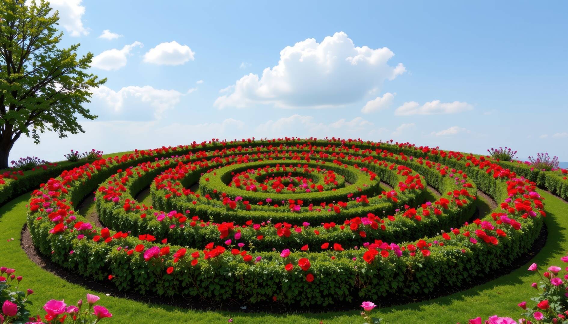 a flower shaped labyrinth in a garden with hedges of bright red roses