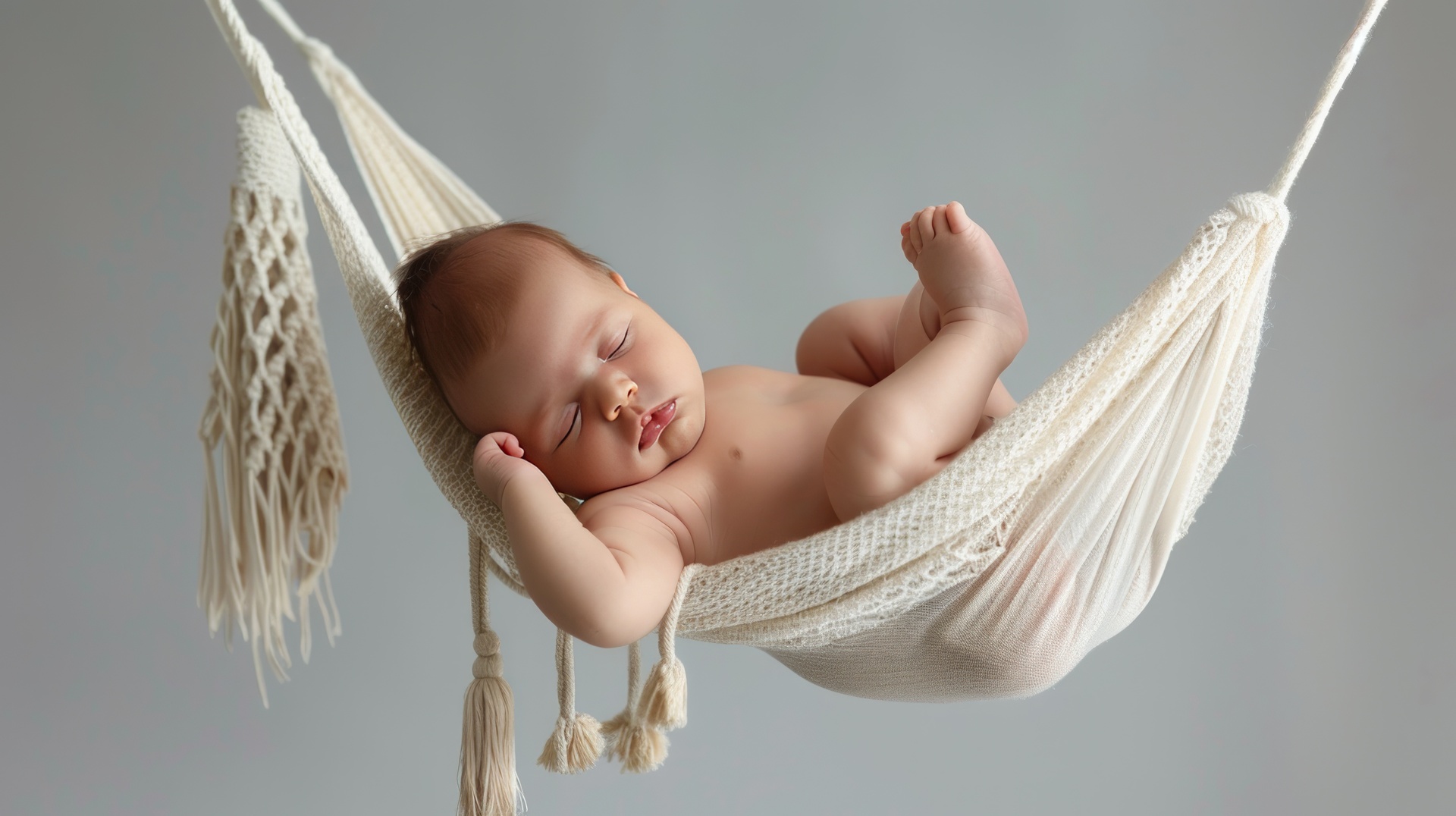 Baby sleeping peacefully in a macrame hammock serene newborn relaxation
