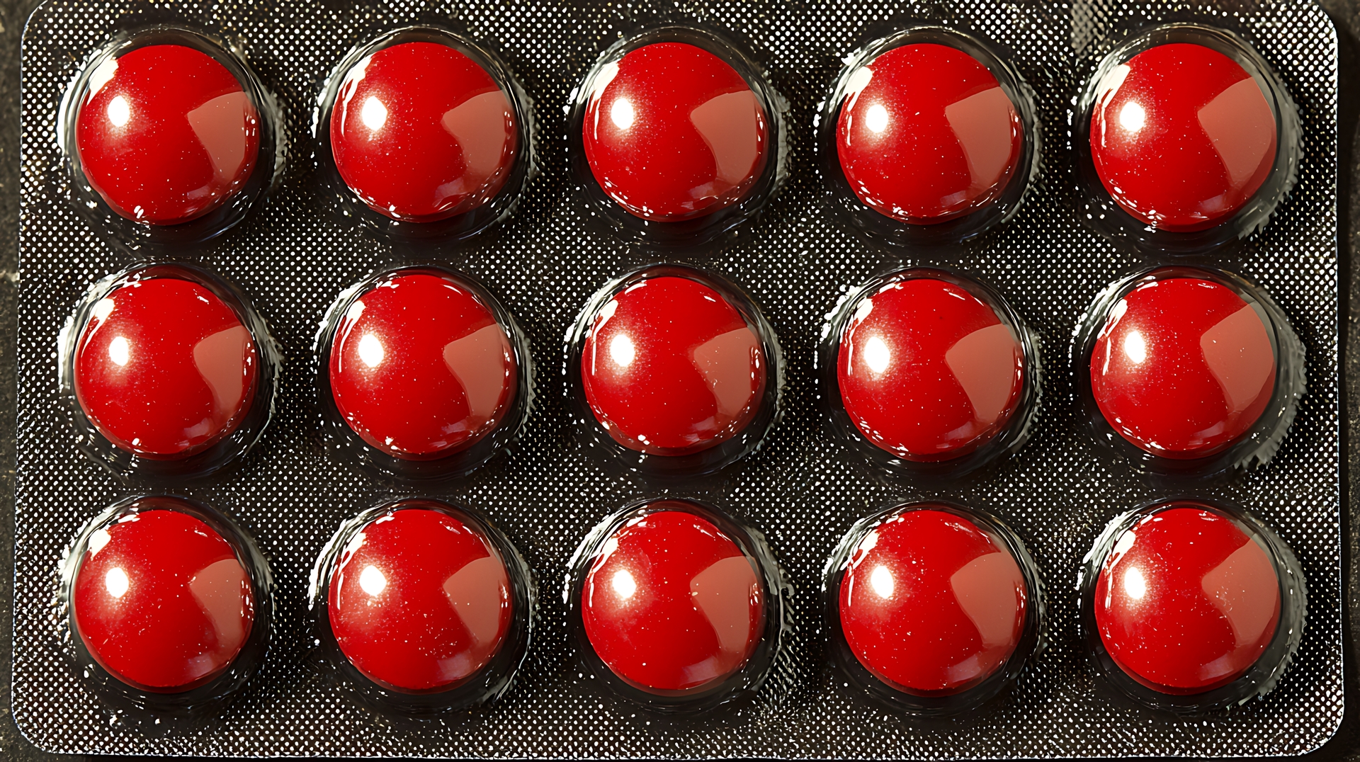 Close up of red pills in blister pack. This image captures the detailed texture and shiny surface of the medication.