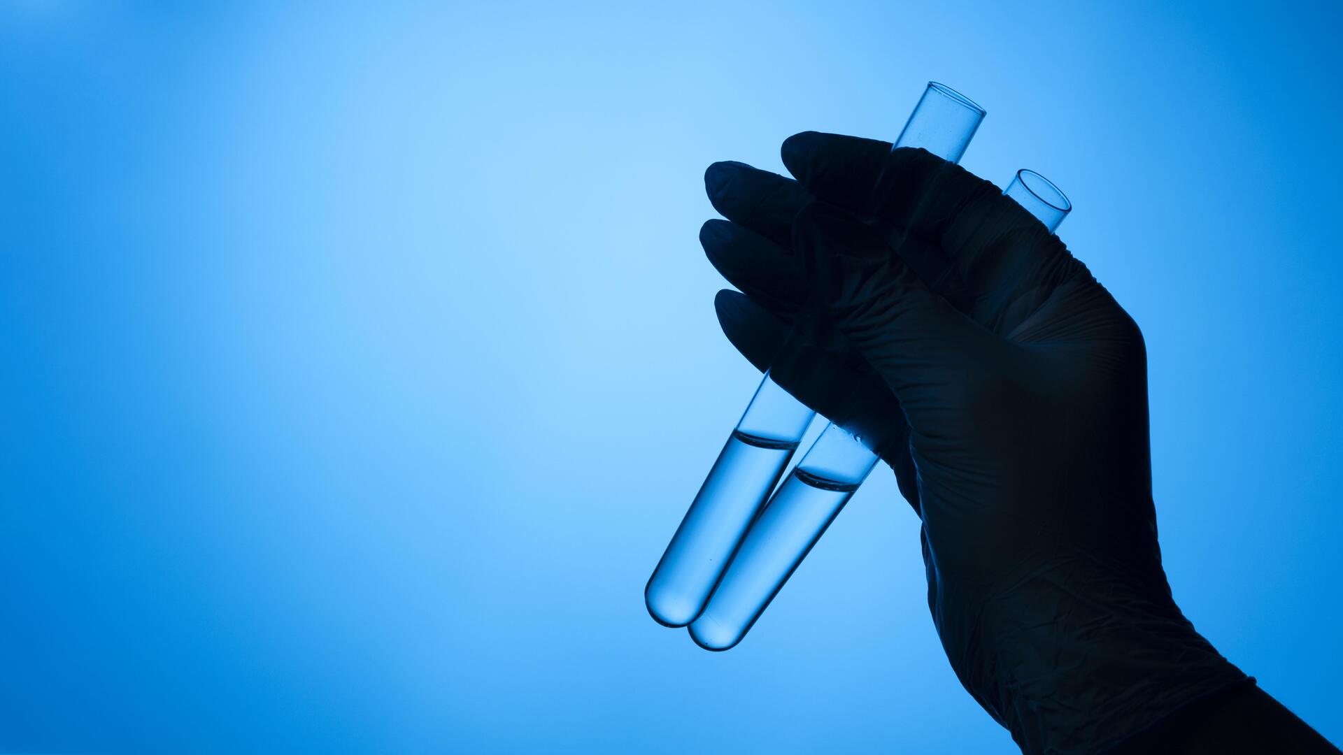 Hands with protective gloves holding medical tube