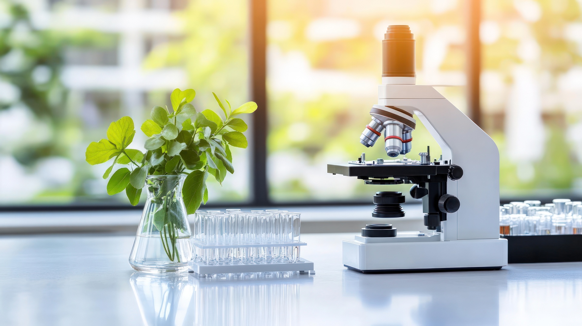 Laboratory equipment microscope test tubes and plant in natural light science and education