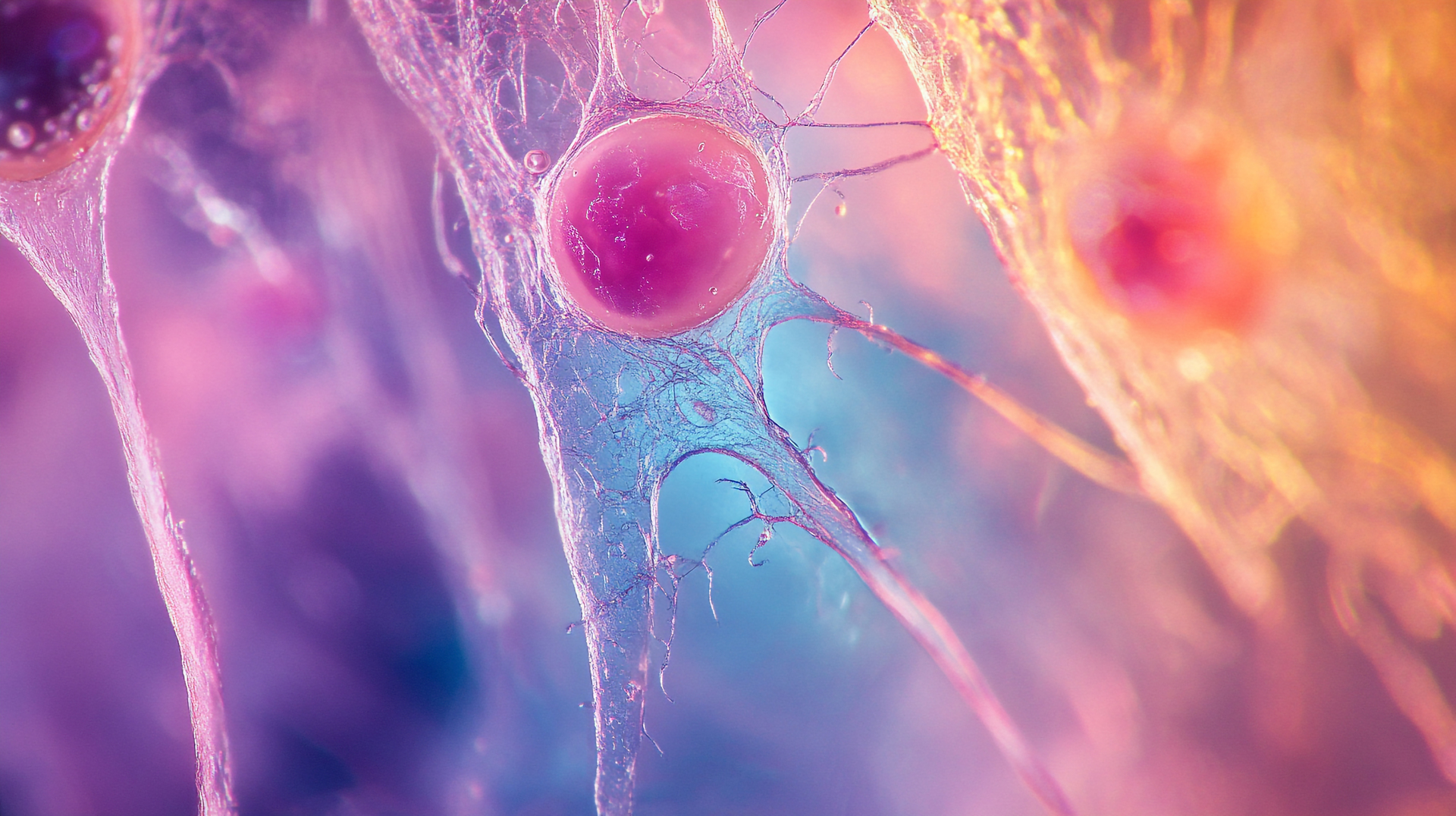 Microscopic cell structure shows the intricacies of biological forms with pink, purple, and blue hues, revealing the delicate architecture.