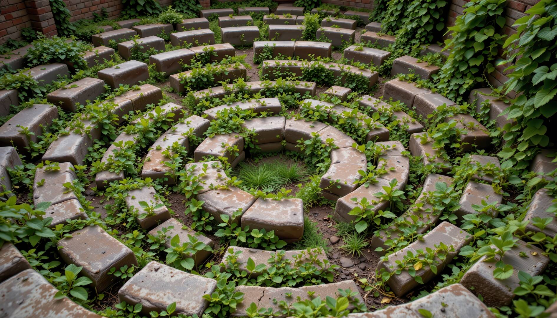 vines filling the cracks of an ancient stone labyrinth slowly being reclaimed.