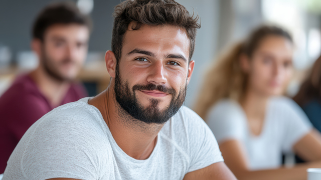 Smiling young man in casual setting, surrounded by peers, exuding confidence and friendliness