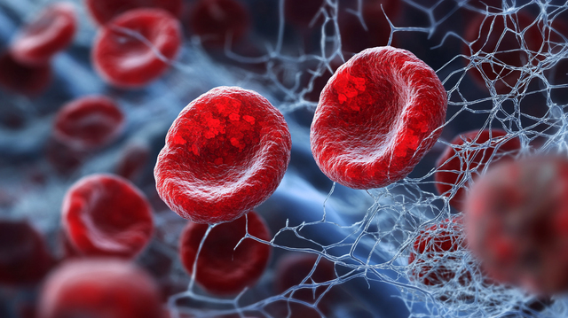 Close up of red blood cells in a web of blue. The red blood cell