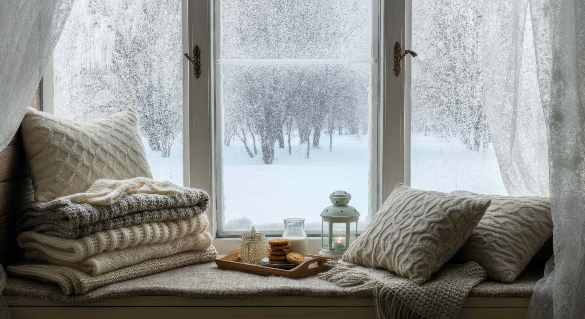 Cozy window nook with winter view, warm blankets, pillows, and snacks