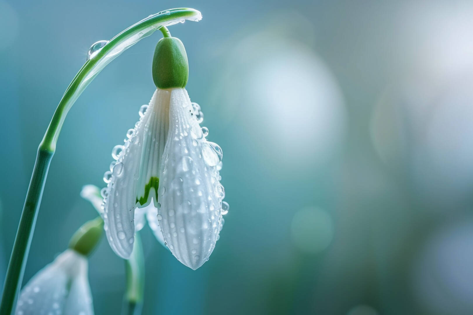 a of snowdrops with water droplets and background